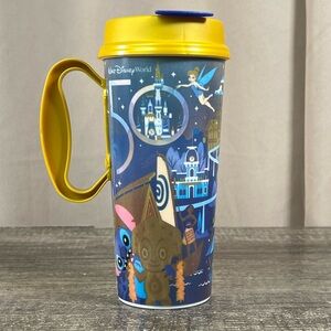 Disney 50th Anniversary Blue and Yellow Travel Mug with Iconic Scenes